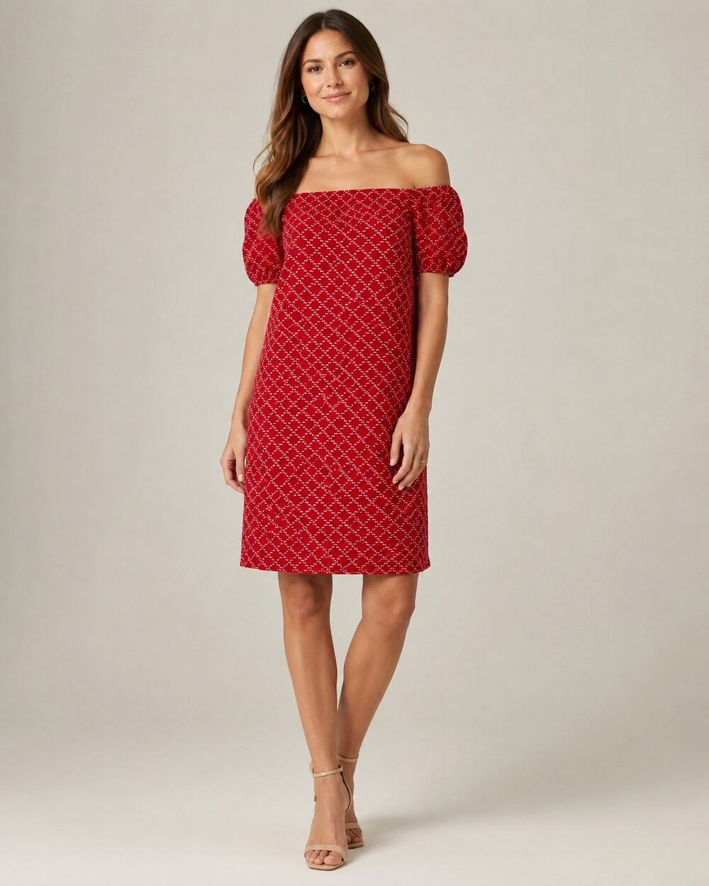 Ann Taylor Red Mini Dress XS Off Shoulder Short Puff Sleeve Shift Embroidered